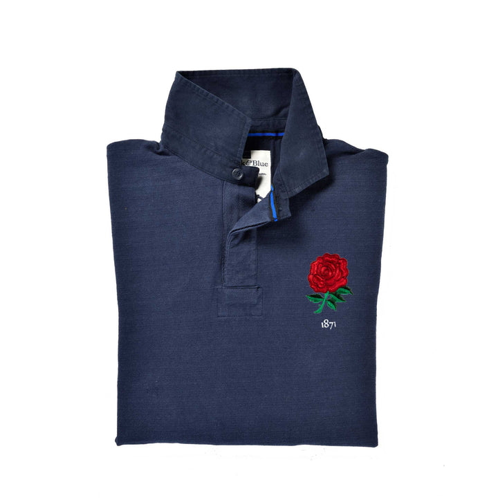 Maillot de rugby noir et bleu Angleterre 1871 – Col bleu marine 